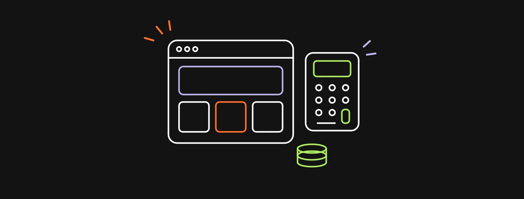 A browser window with page layouts next to a calculator and a rising stack of coins