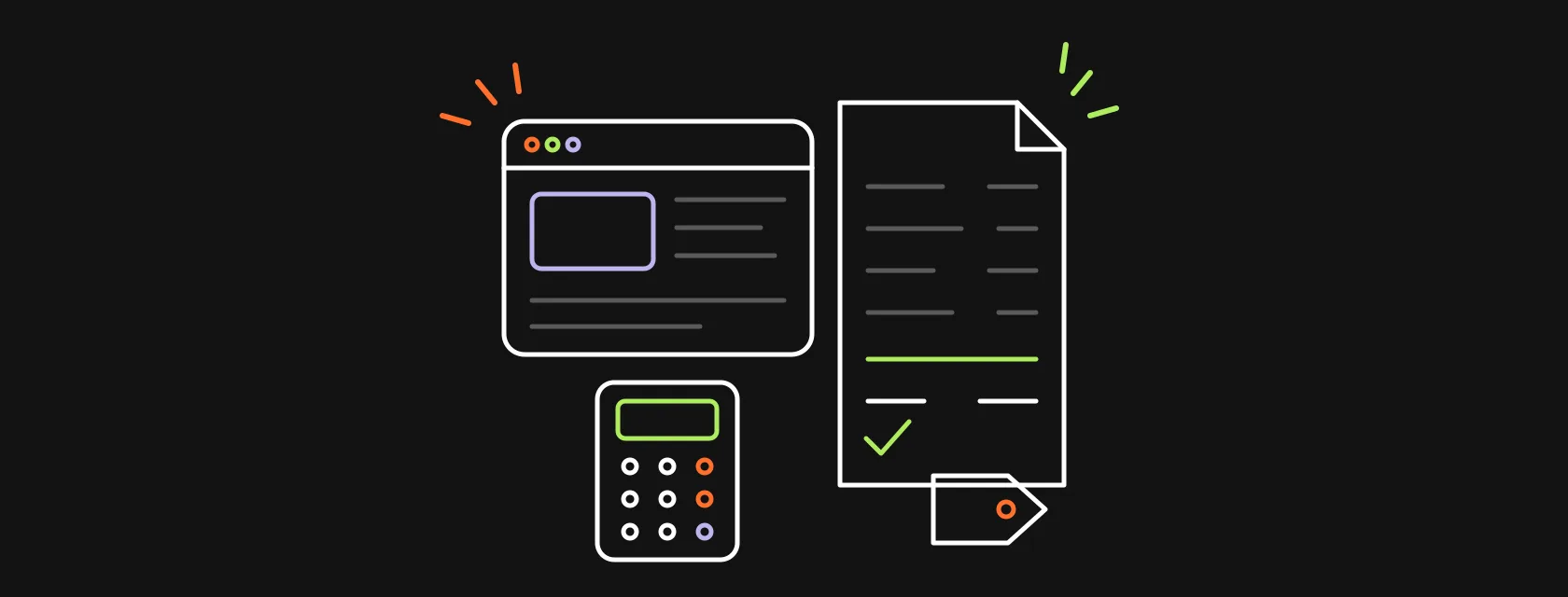 A browser window next to an itemized estimate sheet, a calculator and a price tag
