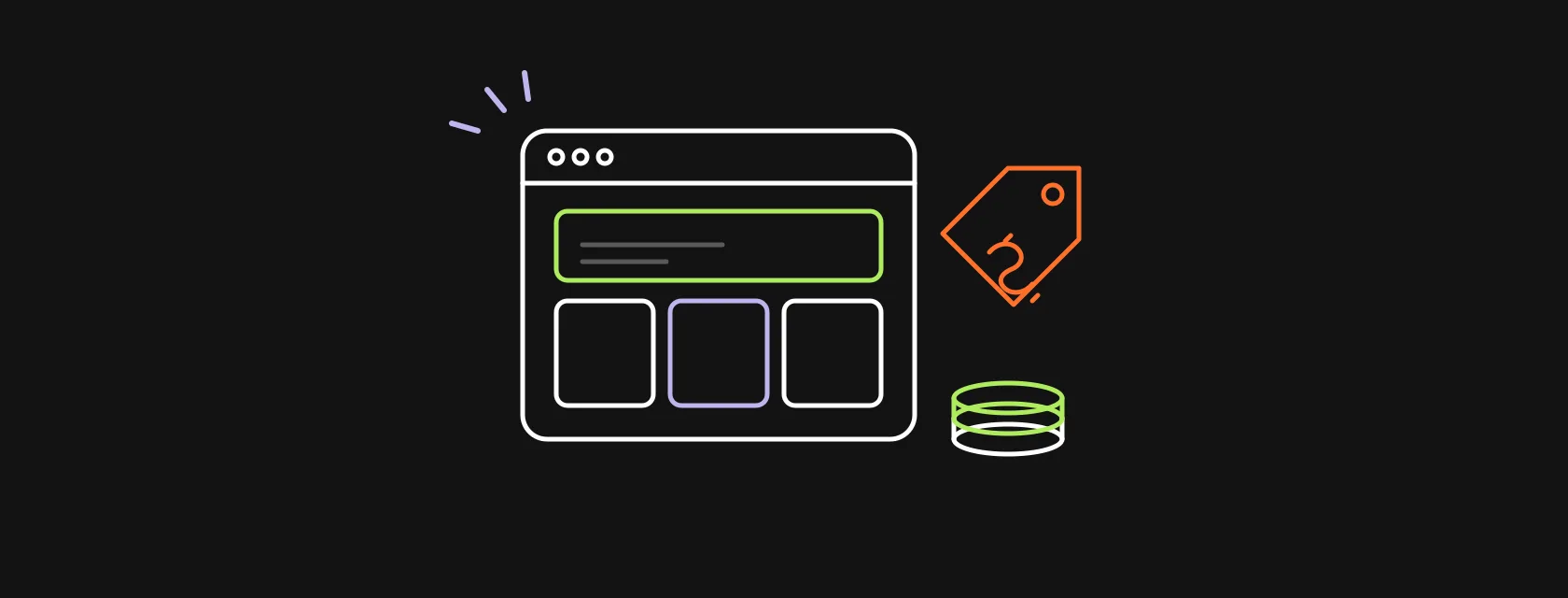 A browser window with page layouts, a price tag and a stack of coins