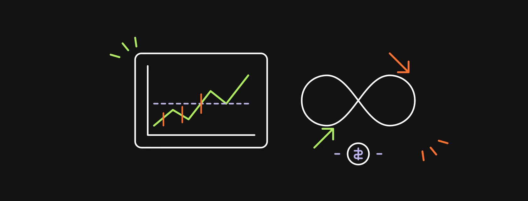 A price chart with an infinity loop, long and short arrows and a funding payment between them, illustrating what perpetual trading is