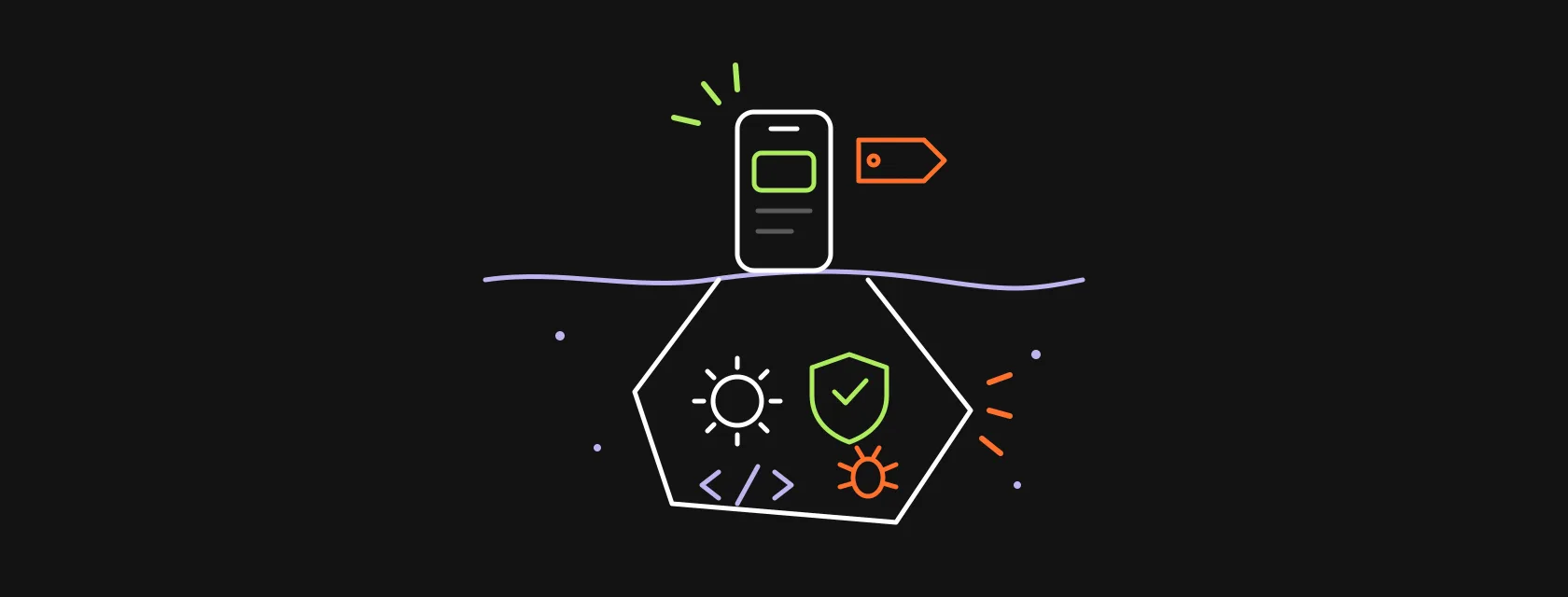 An iceberg under a phone screen, with gears, a shield and a price tag below the waterline