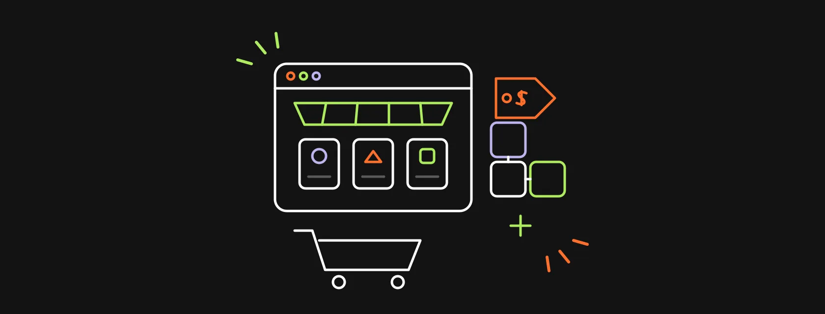Shopping cart, plugin blocks and a price tag connected to a WordPress-style store window