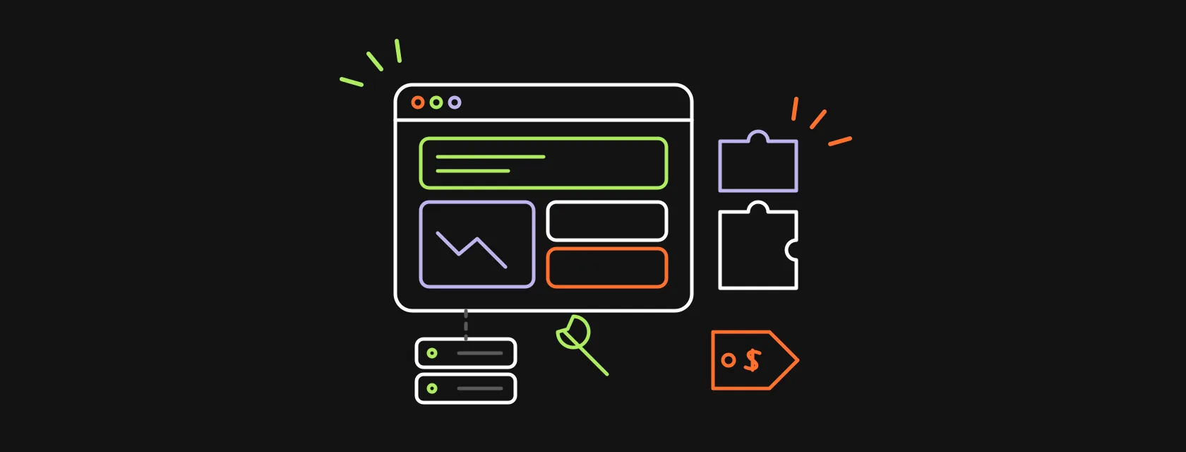 Browser window with layout blocks, plugin pieces, a server stack and a price tag