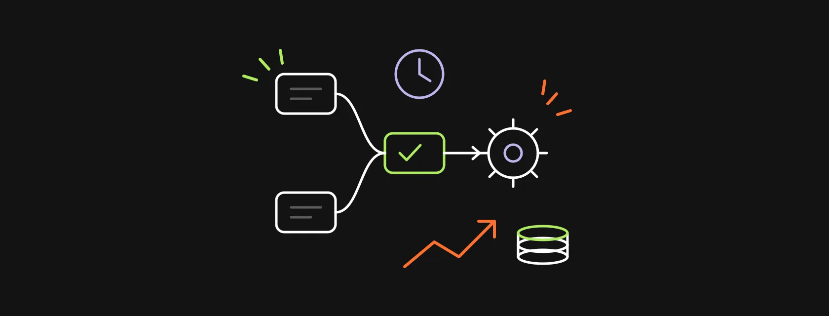 Connected workflow nodes with gears, a clock and a coin stack on a dark background
